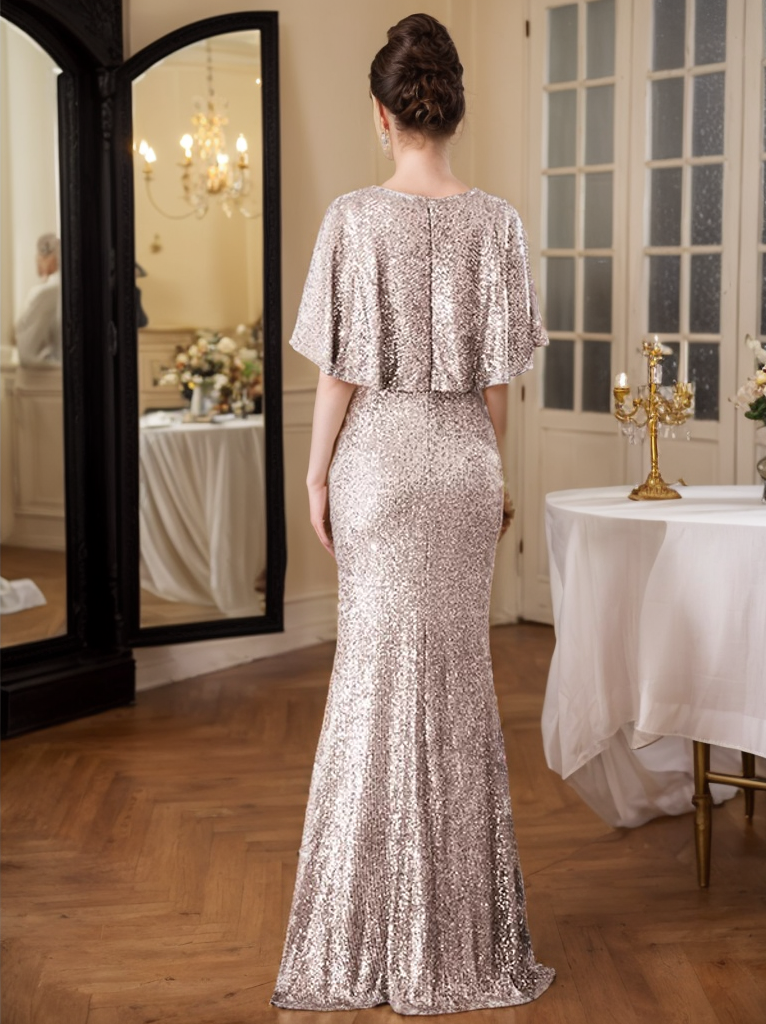 Elegant Sequin Evening Gown with Flutter Sleeves and V-Neckline