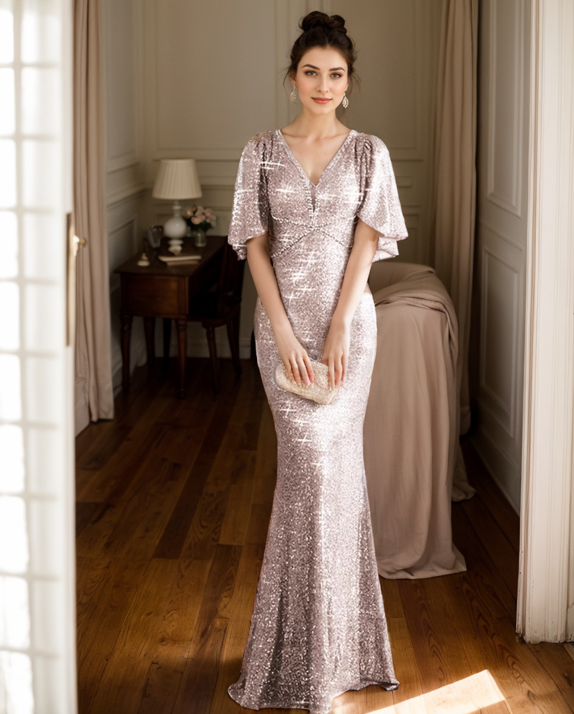 Elegant Sequin Evening Gown with Flutter Sleeves and V-Neckline