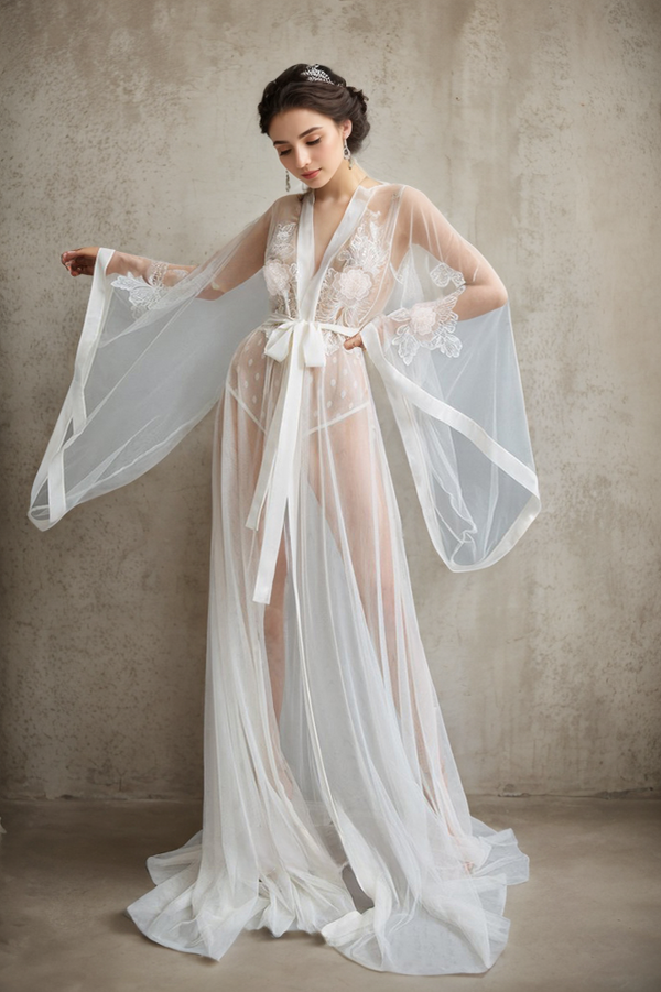 Elegant Sheer Lace Bridal Robe with Floral Embroidery and Satin Tie