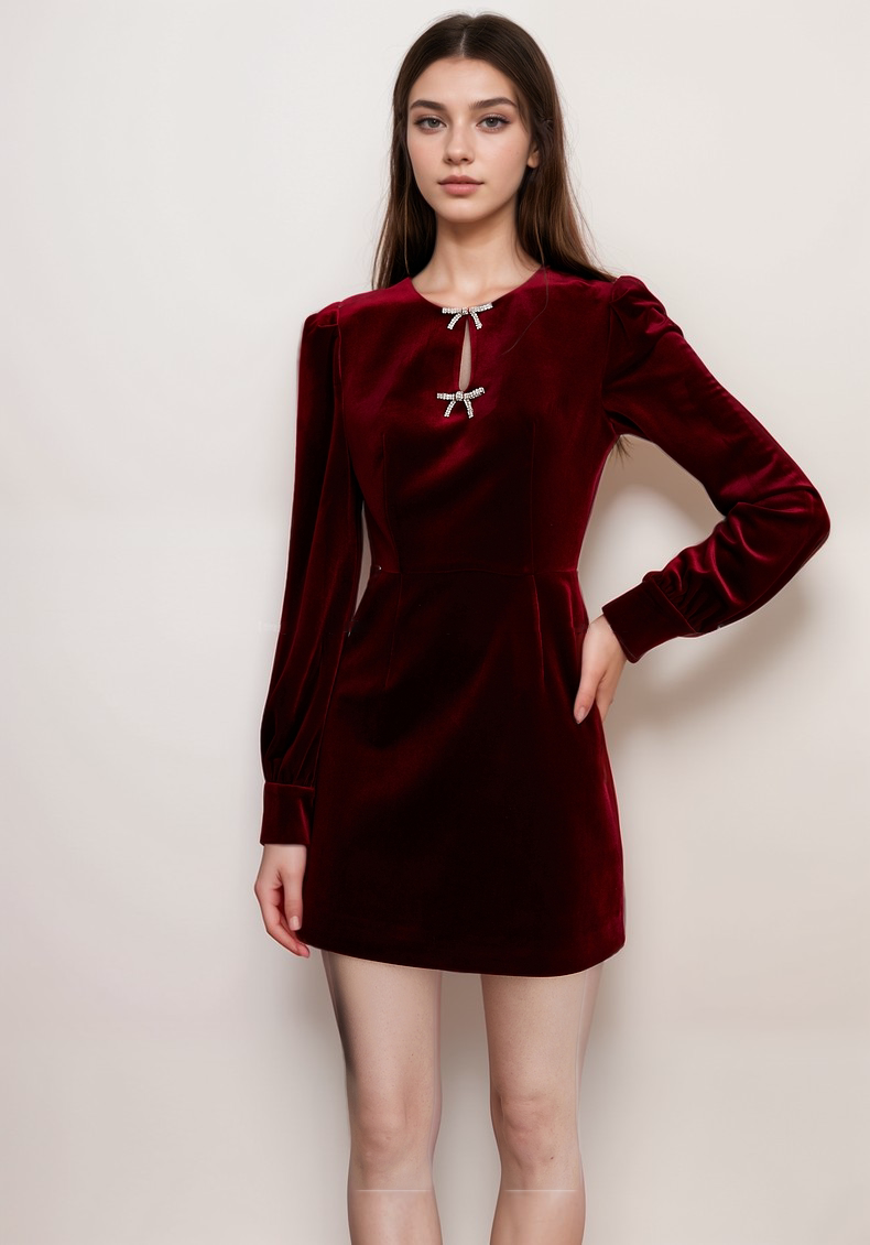 Elegant Velvet Long Sleeve Mini Dress with Bow and Pearl Detail