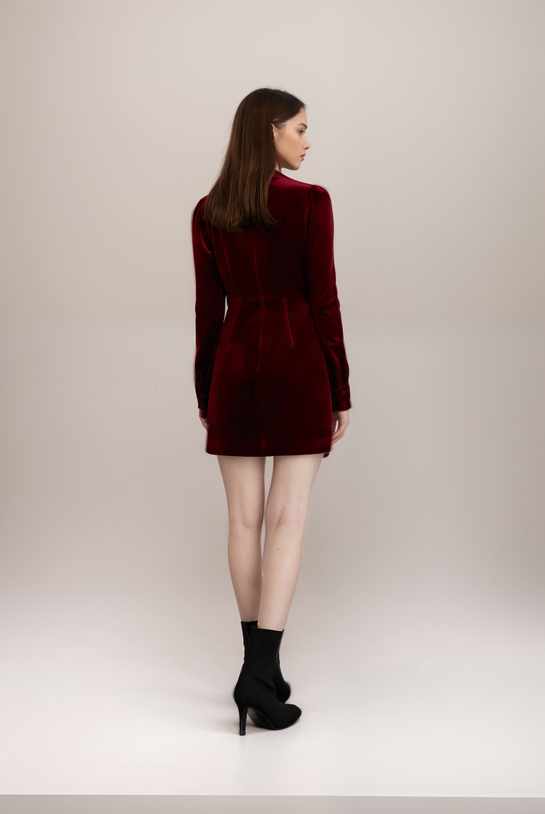 Elegant Velvet Long Sleeve Mini Dress with Bow and Pearl Detail