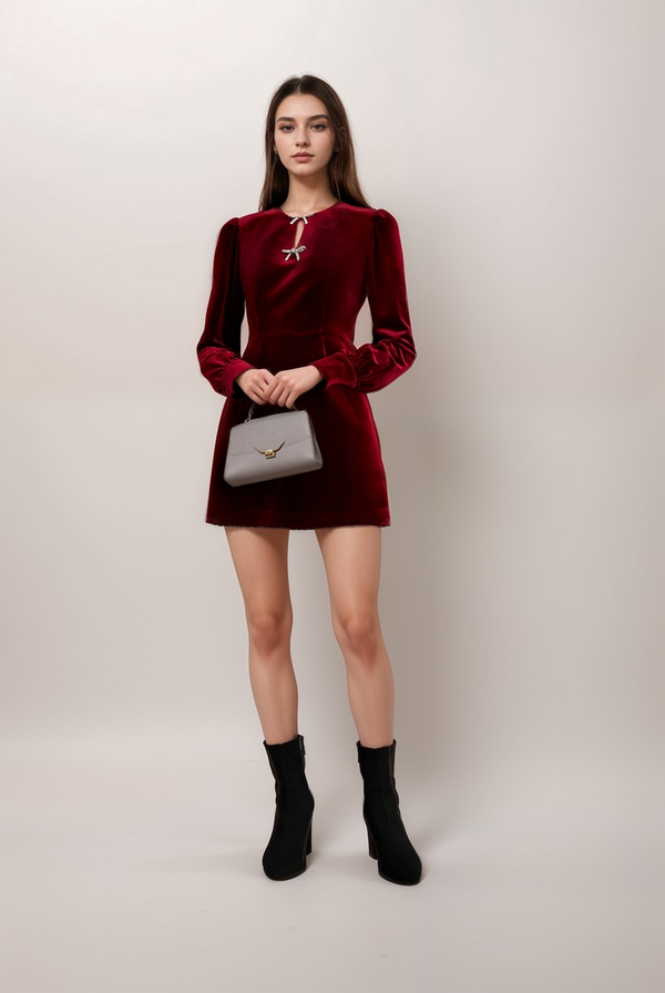 Elegant Velvet Long Sleeve Mini Dress with Bow and Pearl Detail