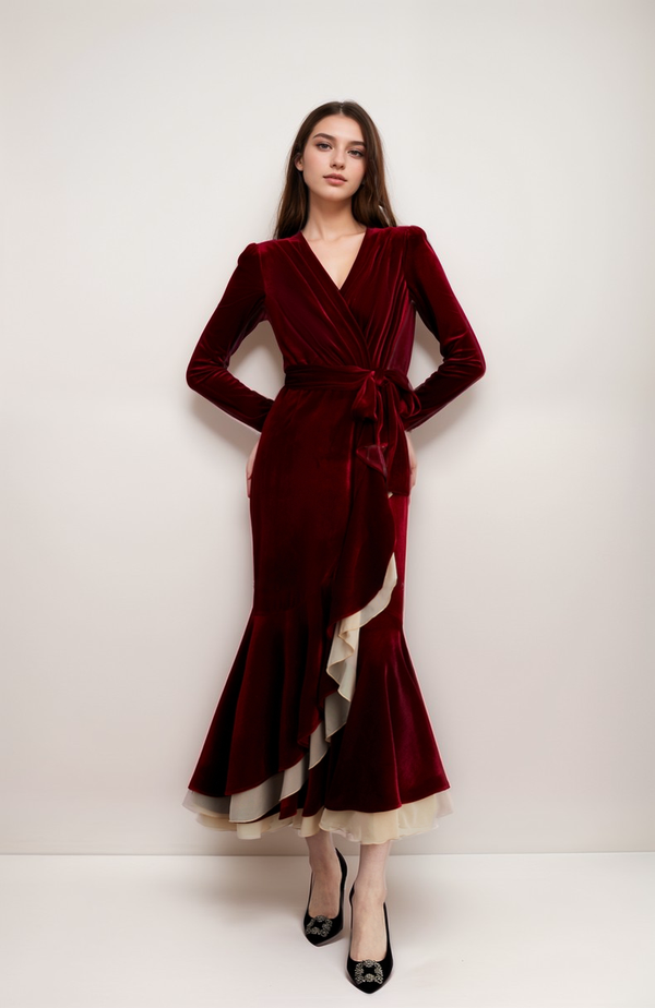 Elegant Velvet Wrap Midi Dress with Ruffle Mesh Hem