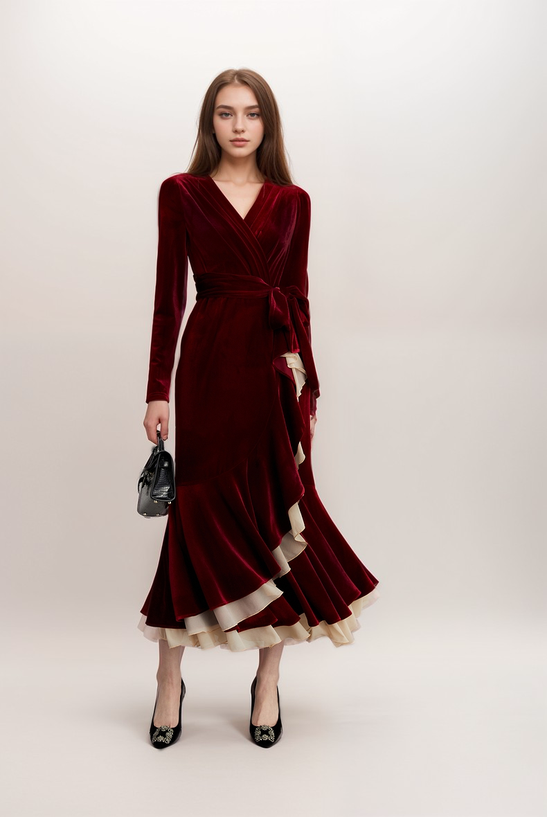 Elegant Velvet Wrap Midi Dress with Ruffle Mesh Hem