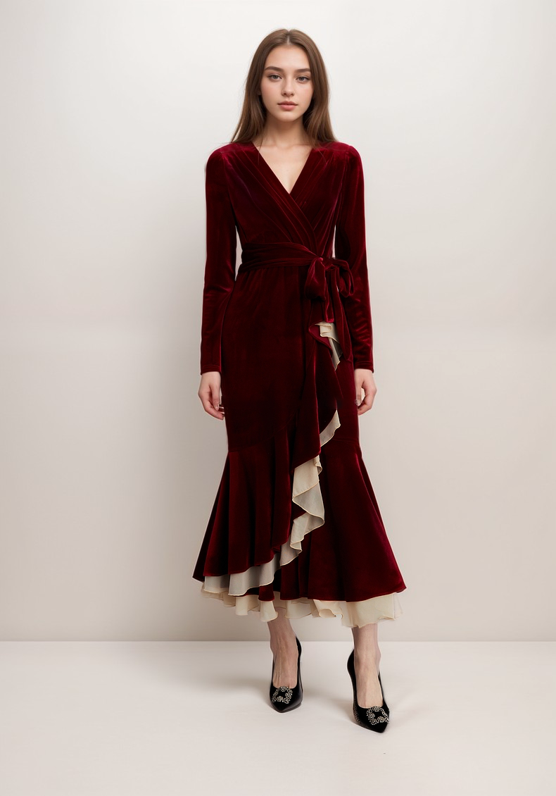 Elegant Velvet Wrap Midi Dress with Ruffle Mesh Hem