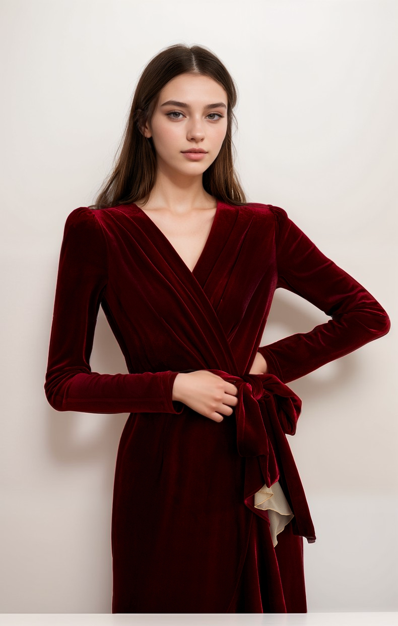 Elegant Velvet Wrap Midi Dress with Ruffle Mesh Hem