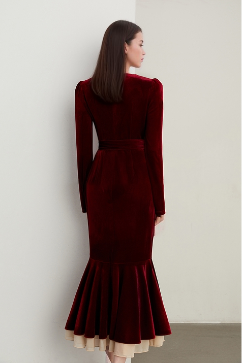 Elegant Velvet Wrap Midi Dress with Ruffle Mesh Hem