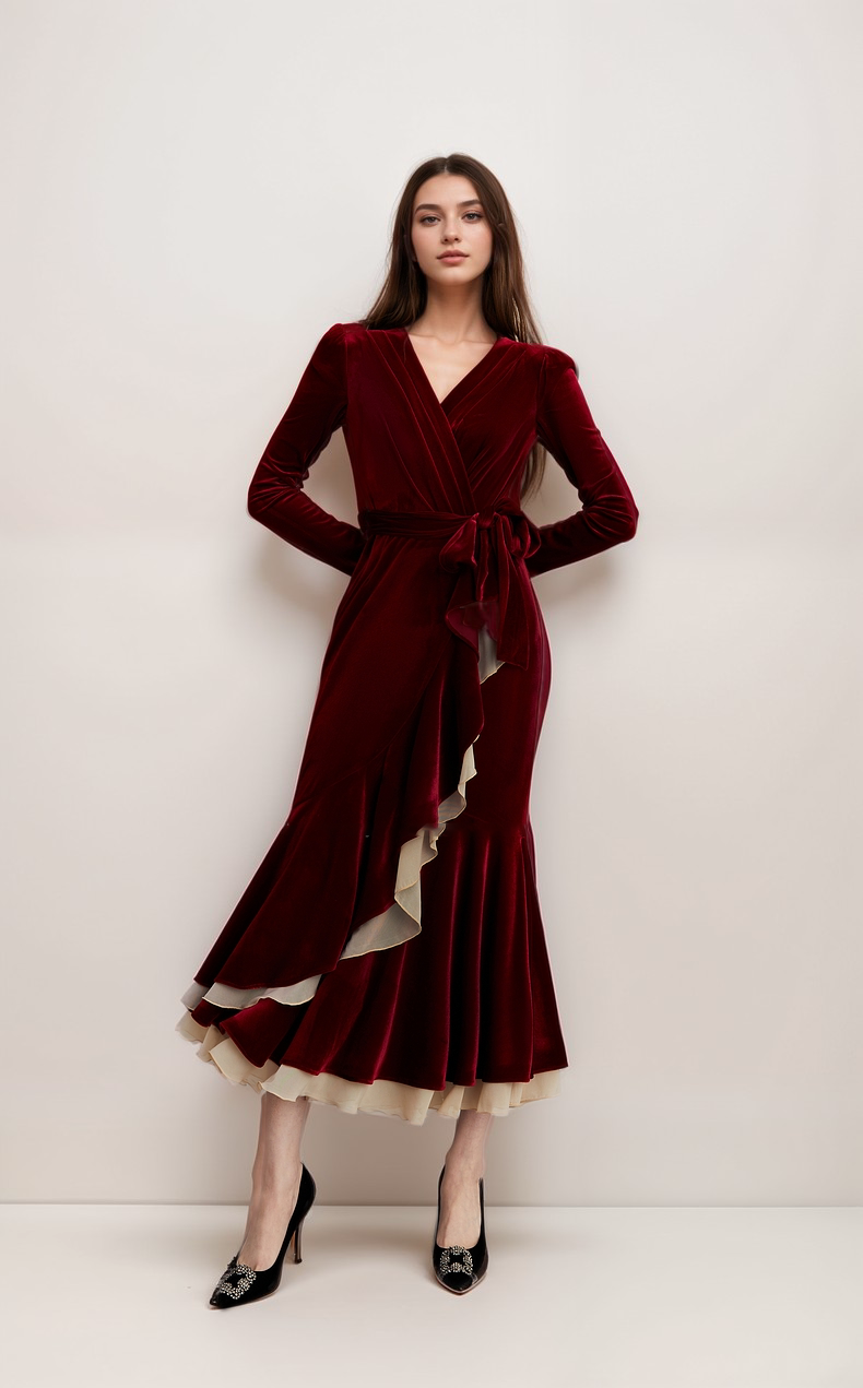 Elegant Velvet Wrap Midi Dress with Ruffle Mesh Hem