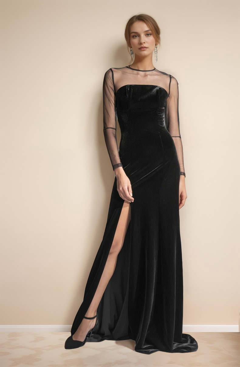 Elegant Vintage Black Velvet Dress with Mesh Long Sleeves & Slit