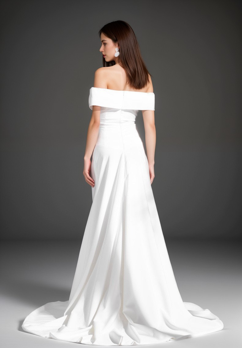 Elegant off-the-shoulder fit and flare Stretchy Satin wedding dress Elegant off-the-shoulder fit and flare Stretchy Satin wedding dress