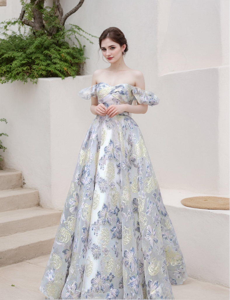 Embroidery golden blue floral off-the-shoulder Princess Prom Dress Colored wedding dress