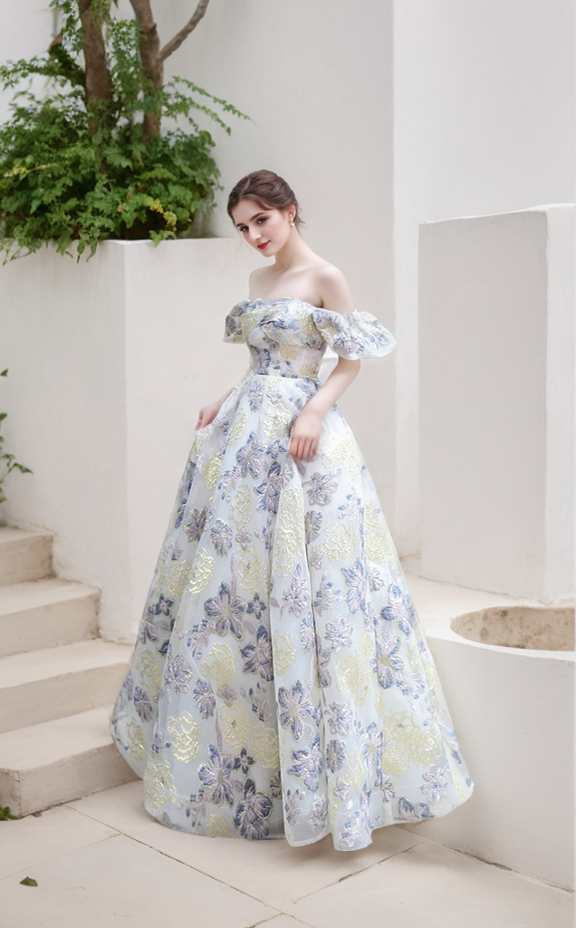 Embroidery golden blue floral off-the-shoulder Princess Prom Dress Colored wedding dress