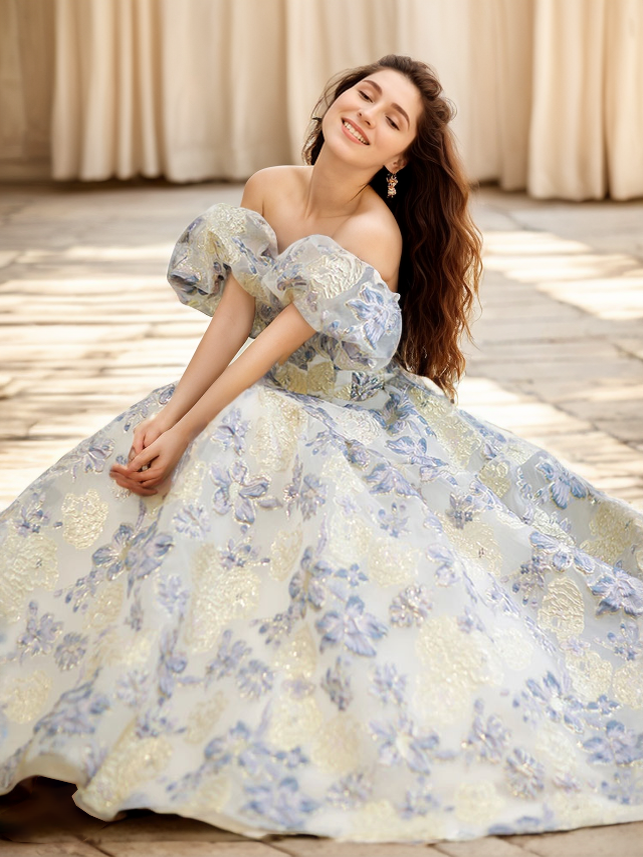 Embroidery golden blue floral off-the-shoulder Princess Prom Dress Colored wedding dress