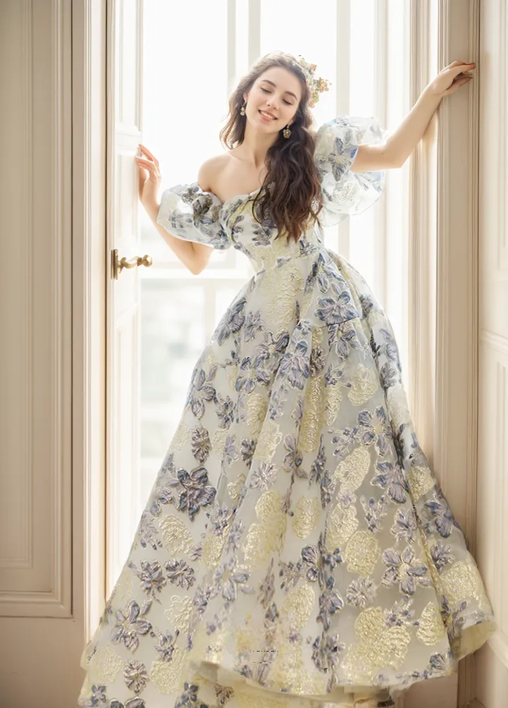 Embroidery golden blue floral off-the-shoulder Princess Prom Dress Colored wedding dress