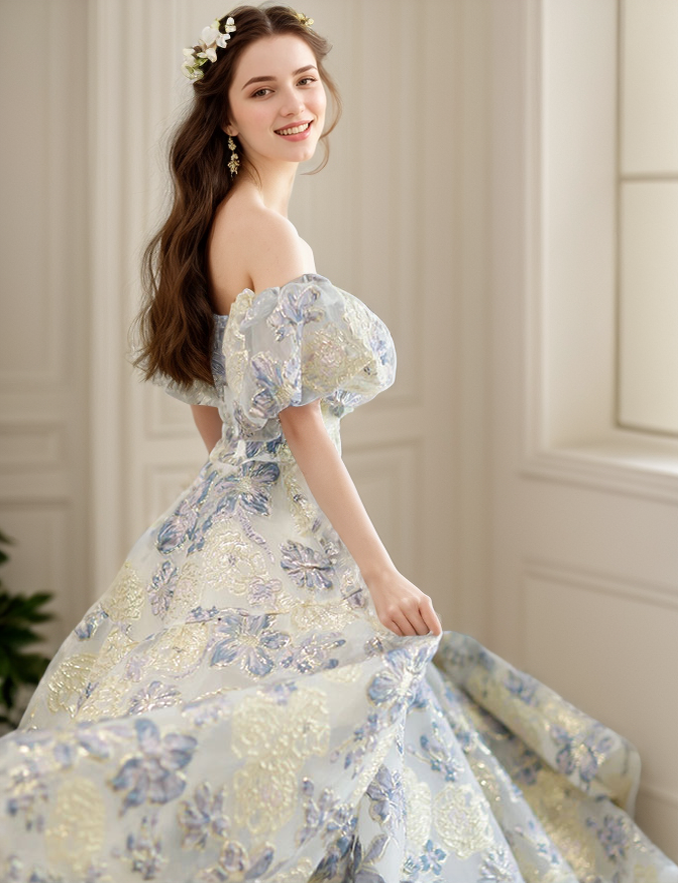 Embroidery golden blue floral off-the-shoulder Princess Prom Dress Colored wedding dress