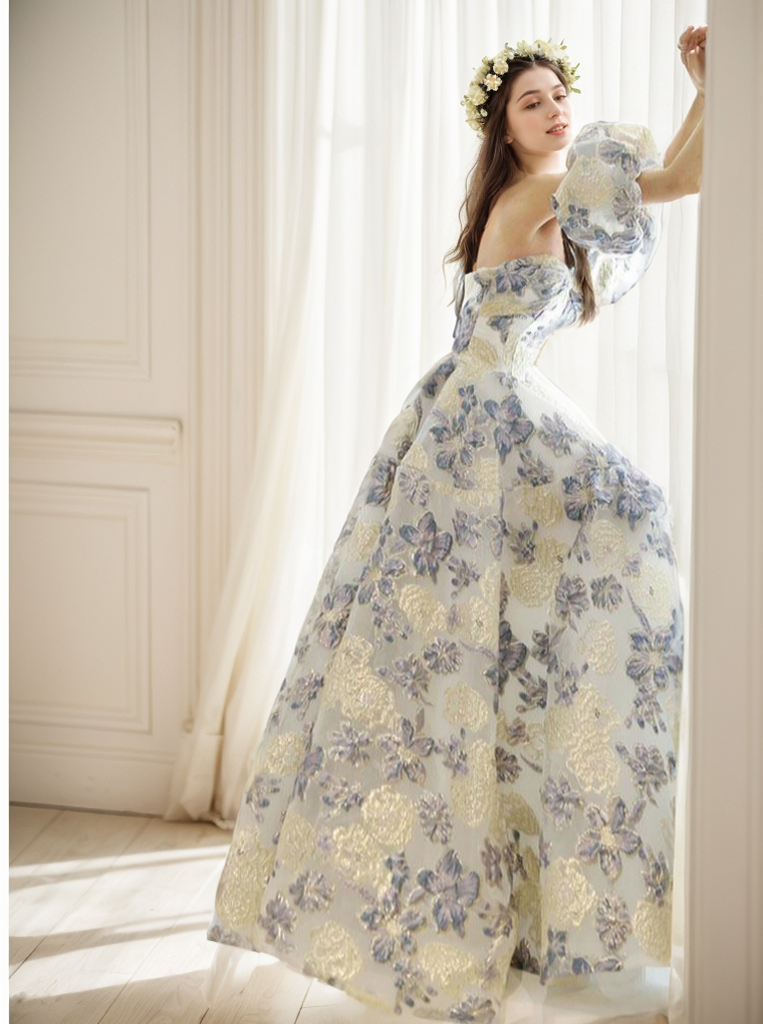 Embroidery golden blue floral off-the-shoulder Princess Prom Dress Colored wedding dress