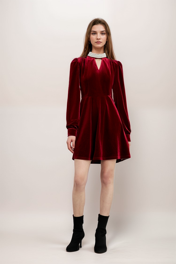 Sophisticated Red Velvet Long Sleeve Mini Dress with Pearl Collar Detail