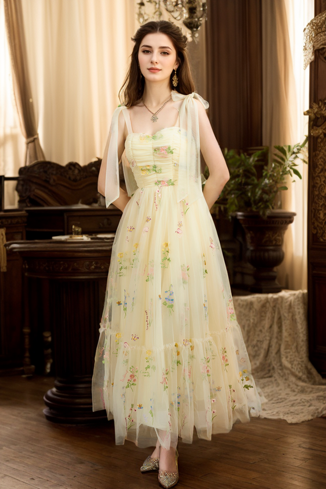 Embroidery Floral Spaghetti-straps ruched bodice floor length tulle prom dress