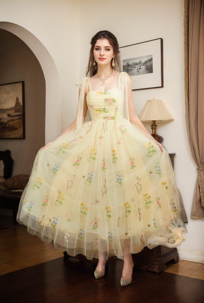 Embroidery Floral Spaghetti-straps ruched bodice floor length tulle prom dress