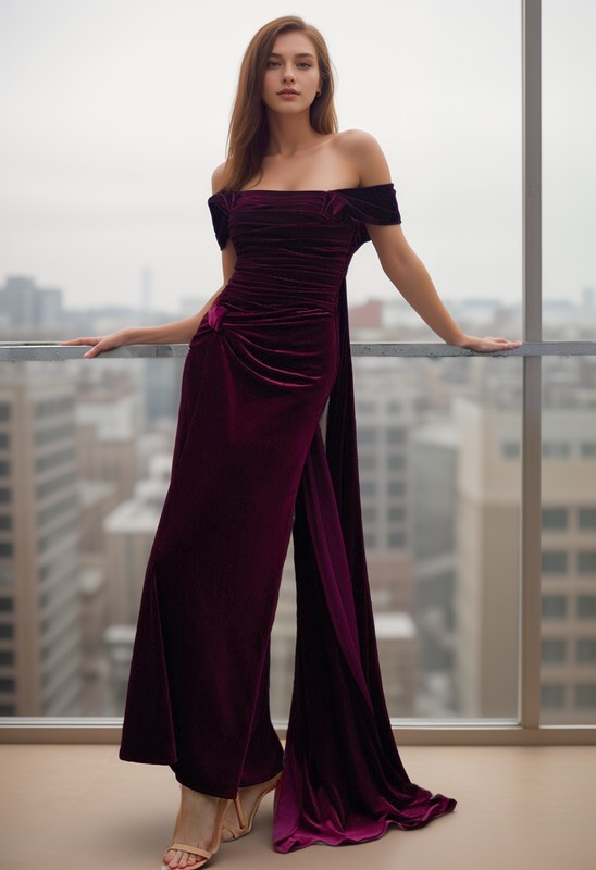 Greece Goddess Off-the-shoulder fit and flare Velvet dress with ribbon train 0 / Other Colors