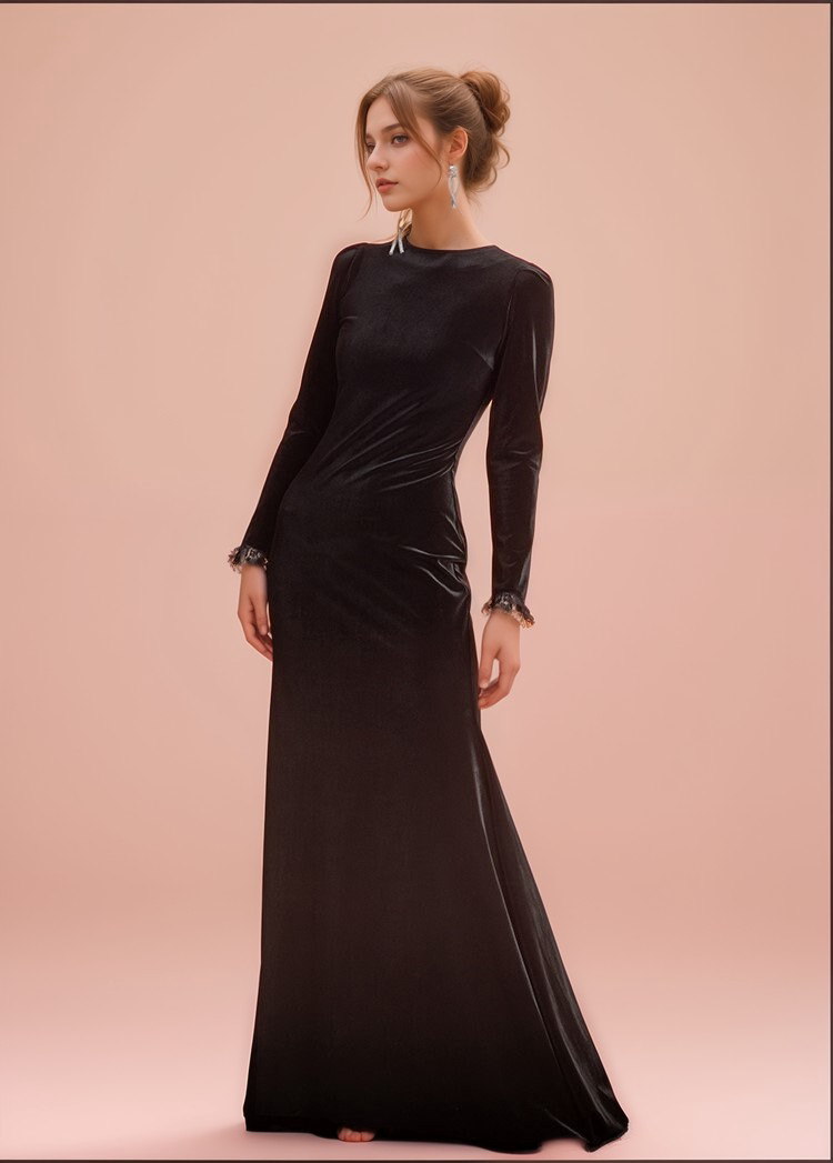 Hepburn Style Long Sleeves Jewel neckline A-line Velvet Prom Dress