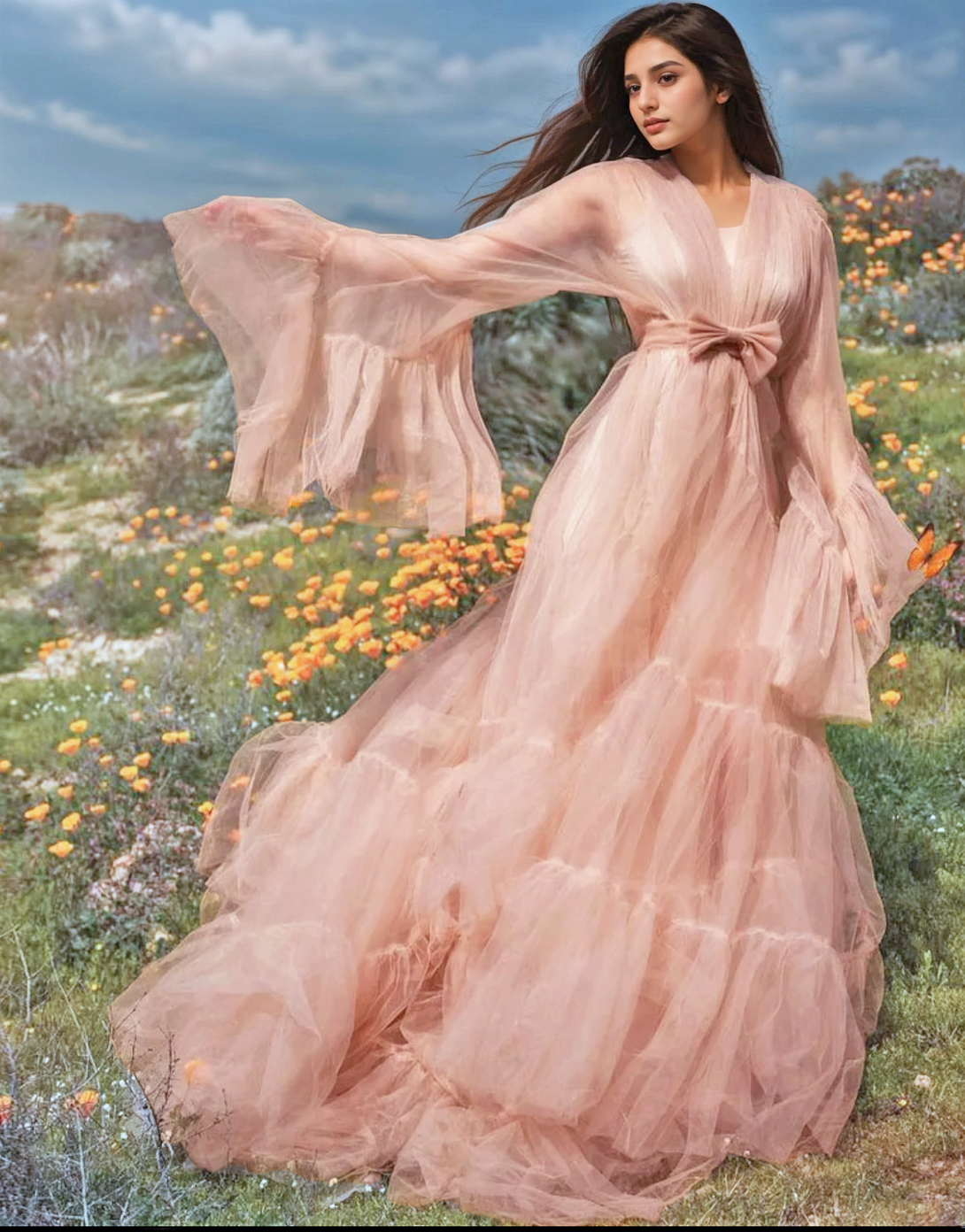Layered Robe Tulle Ruffled Sleeves Layered Fringe Long Robe Dress – SelenaHuanStudio