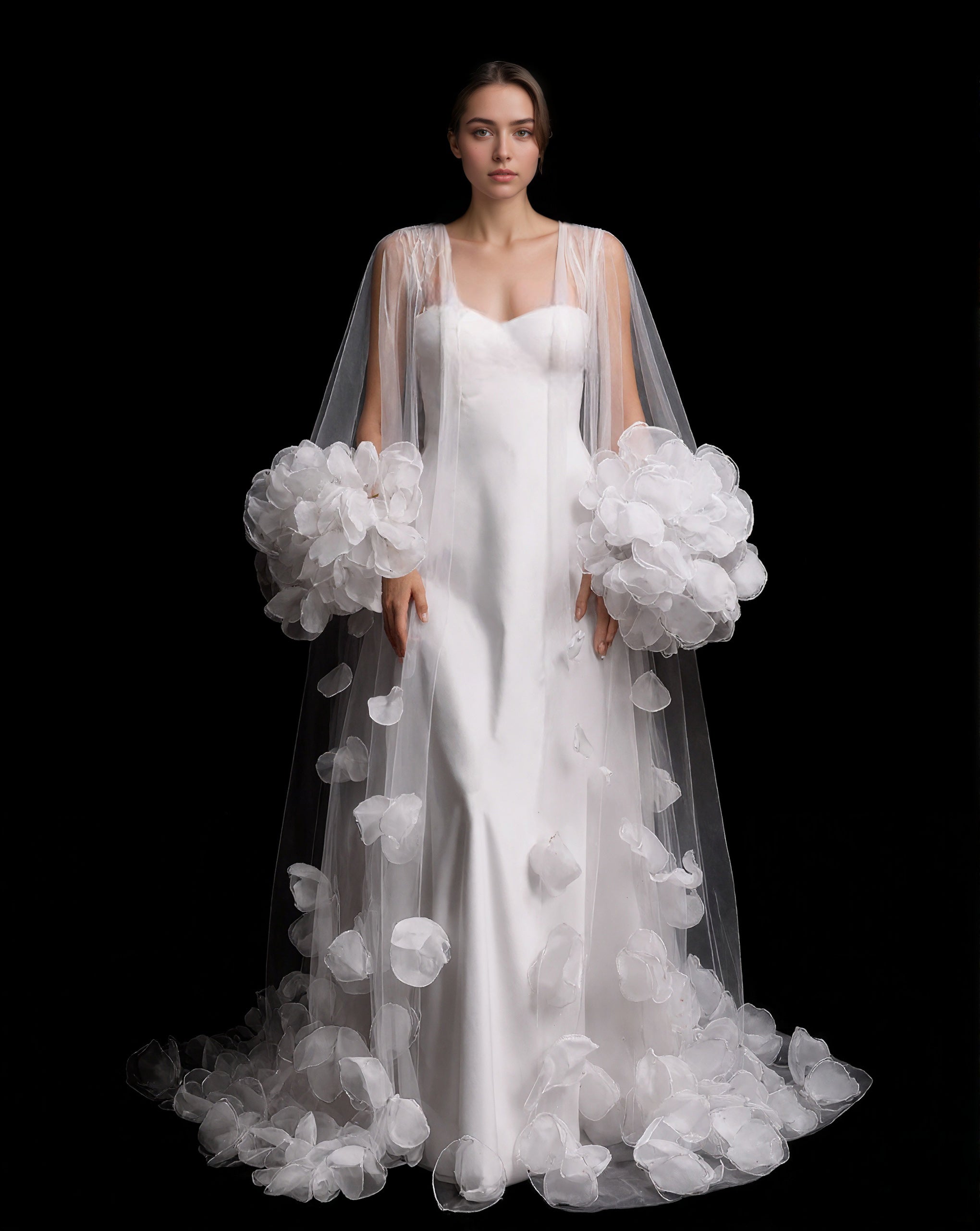 3D Petal Embellished Tulle Bridal Robe with Dramatic Puff Sleeves and ...