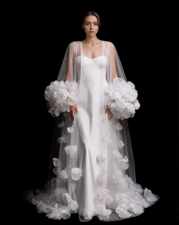 3D Petal Embellished Tulle Bridal Robe with Dramatic Puff Sleeves and Cathedral Train