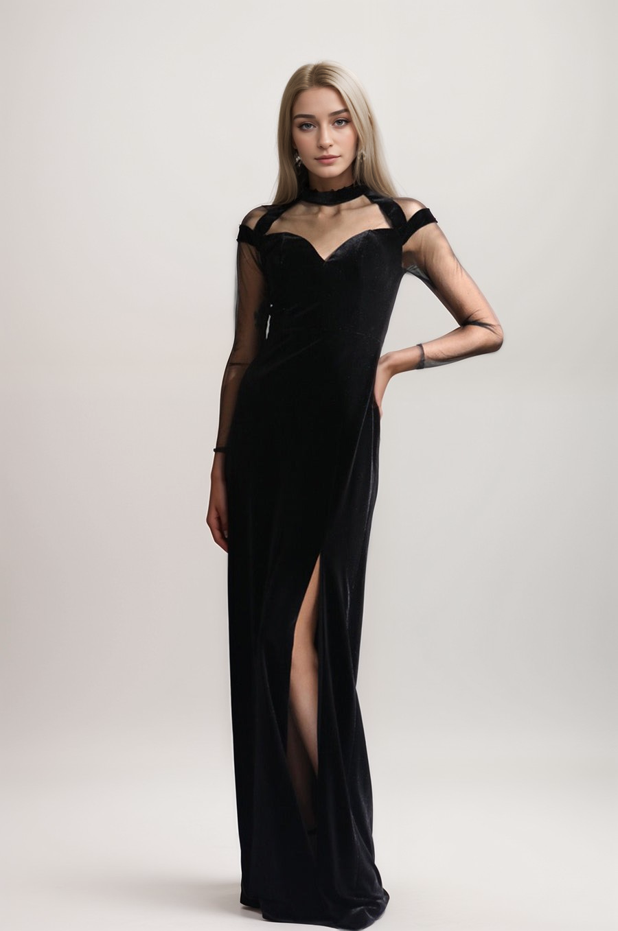 Modern Tulle mesh long sleeves thigh slit Modern Black Velvet Dress