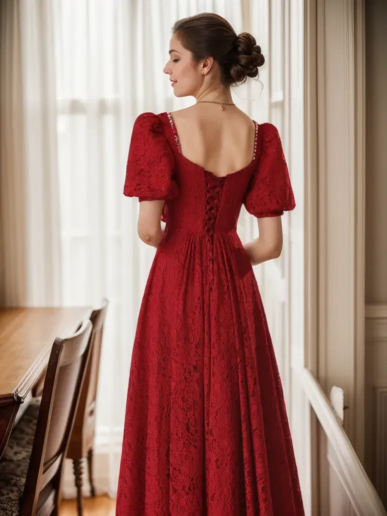 Romantic Vintage-Inspired Ruby Red Lace Midi Dress with Puff Sleeves