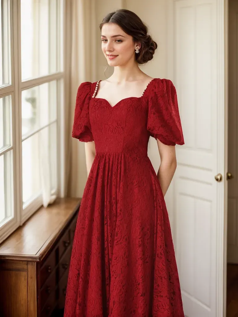 Romantic Vintage-Inspired Ruby Red Lace Midi Dress with Puff Sleeves