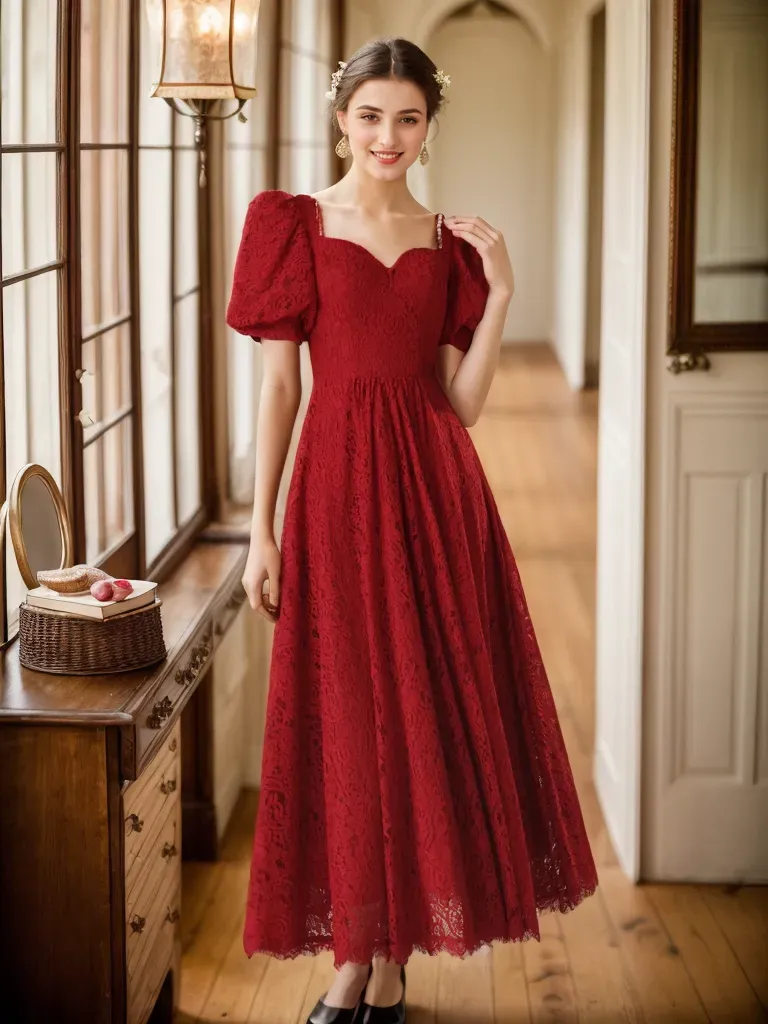 Romantic Vintage-Inspired Ruby Red Lace Midi Dress with Puff Sleeves