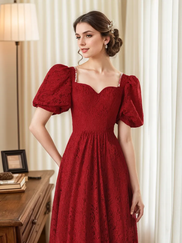 Romantic Vintage-Inspired Ruby Red Lace Midi Dress with Puff Sleeves