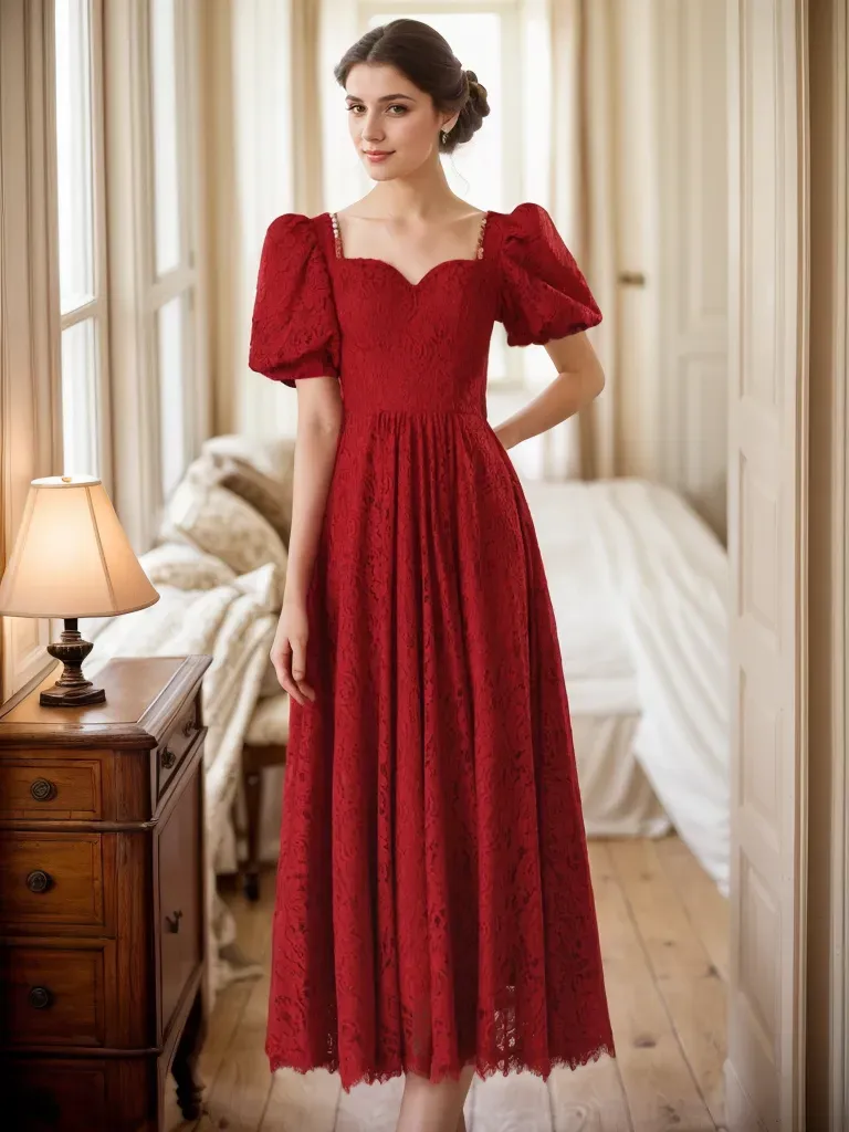 Romantic Vintage-Inspired Ruby Red Lace Midi Dress with Puff Sleeves