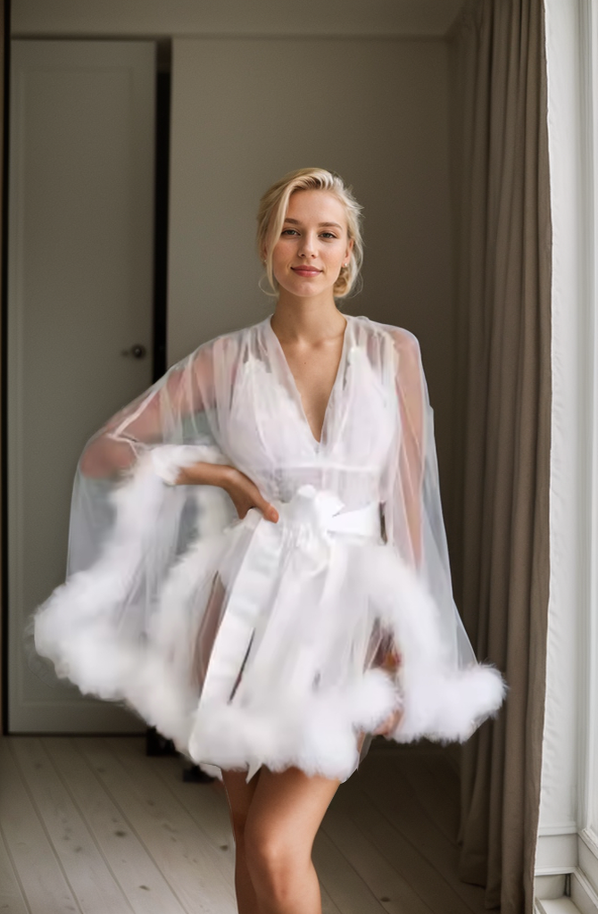 Luxurious Sheer Bridal Robe with Feathered Hem and Satin Tie