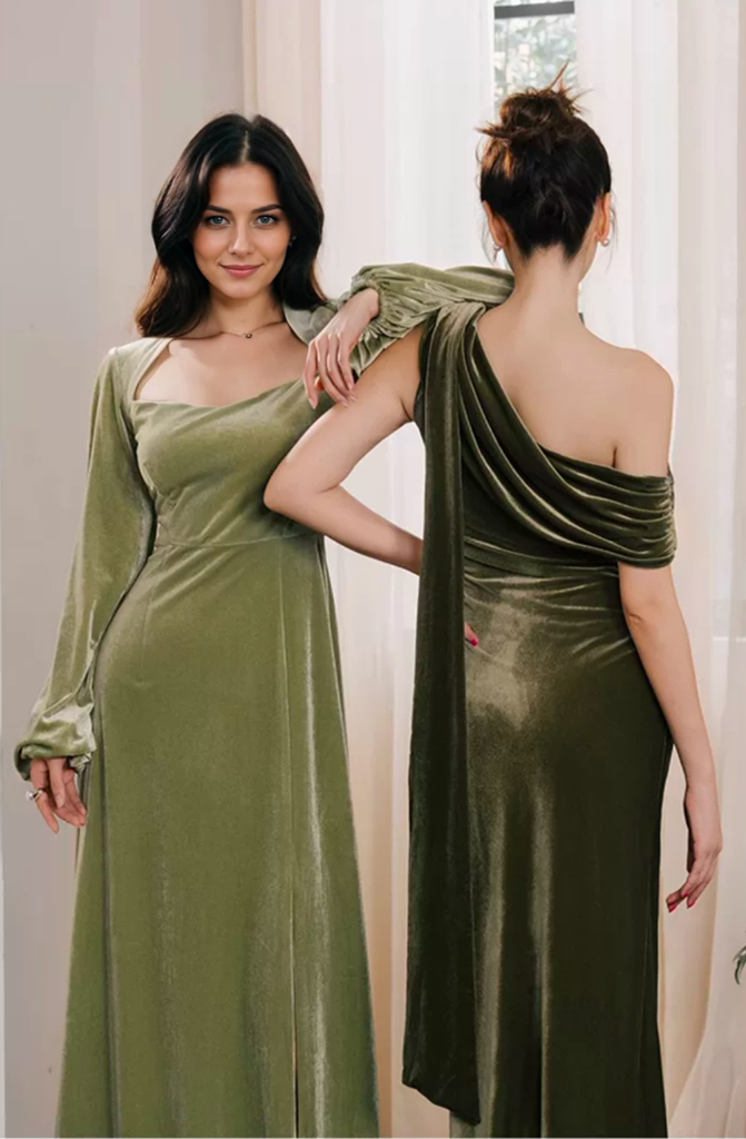 One-Shoulder Olive Green Velvet Gown with Draped Back