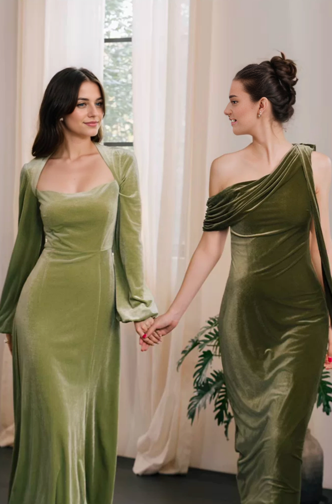 One-Shoulder Olive Green Velvet Gown with Draped Back