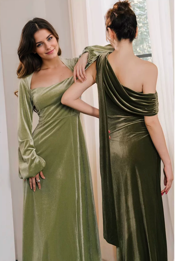 One-Shoulder Olive Green Velvet Gown with Draped Back