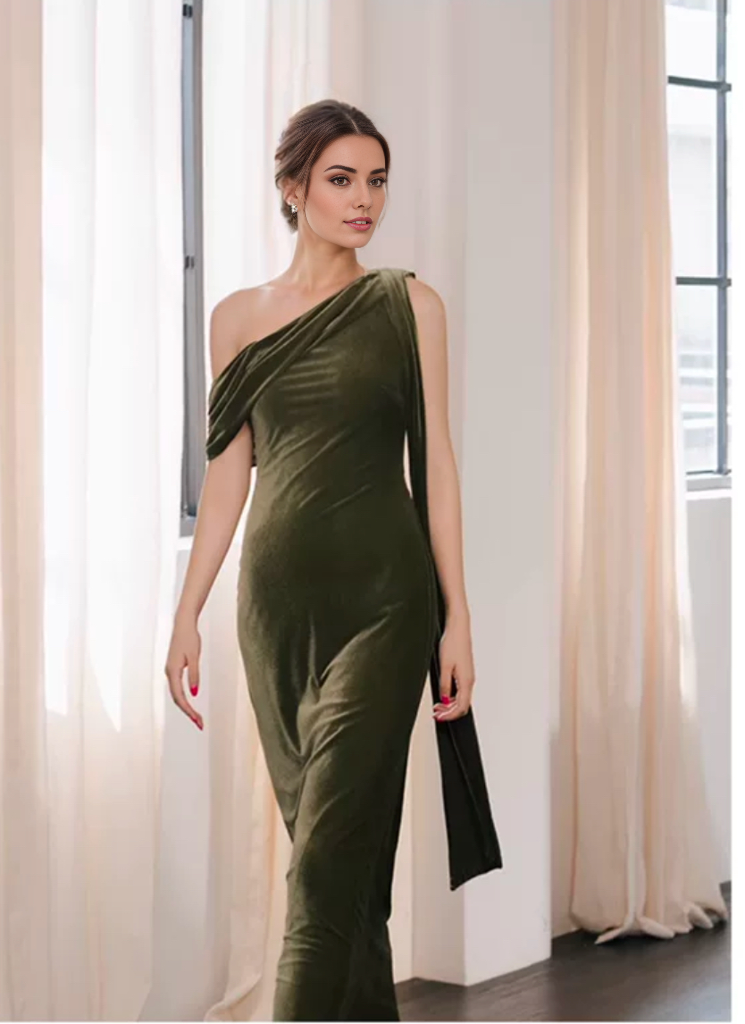 One-Shoulder Olive Green Velvet Gown with Draped Back