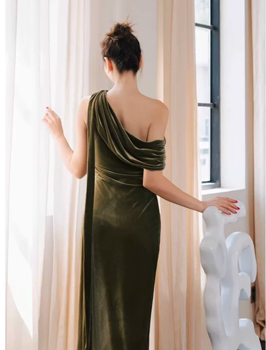 One-Shoulder Olive Green Velvet Gown with Draped Back