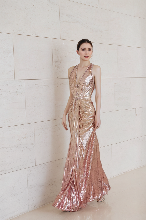 Halter Neck Metallic Sequin Evening Gown with Draped Waist Design