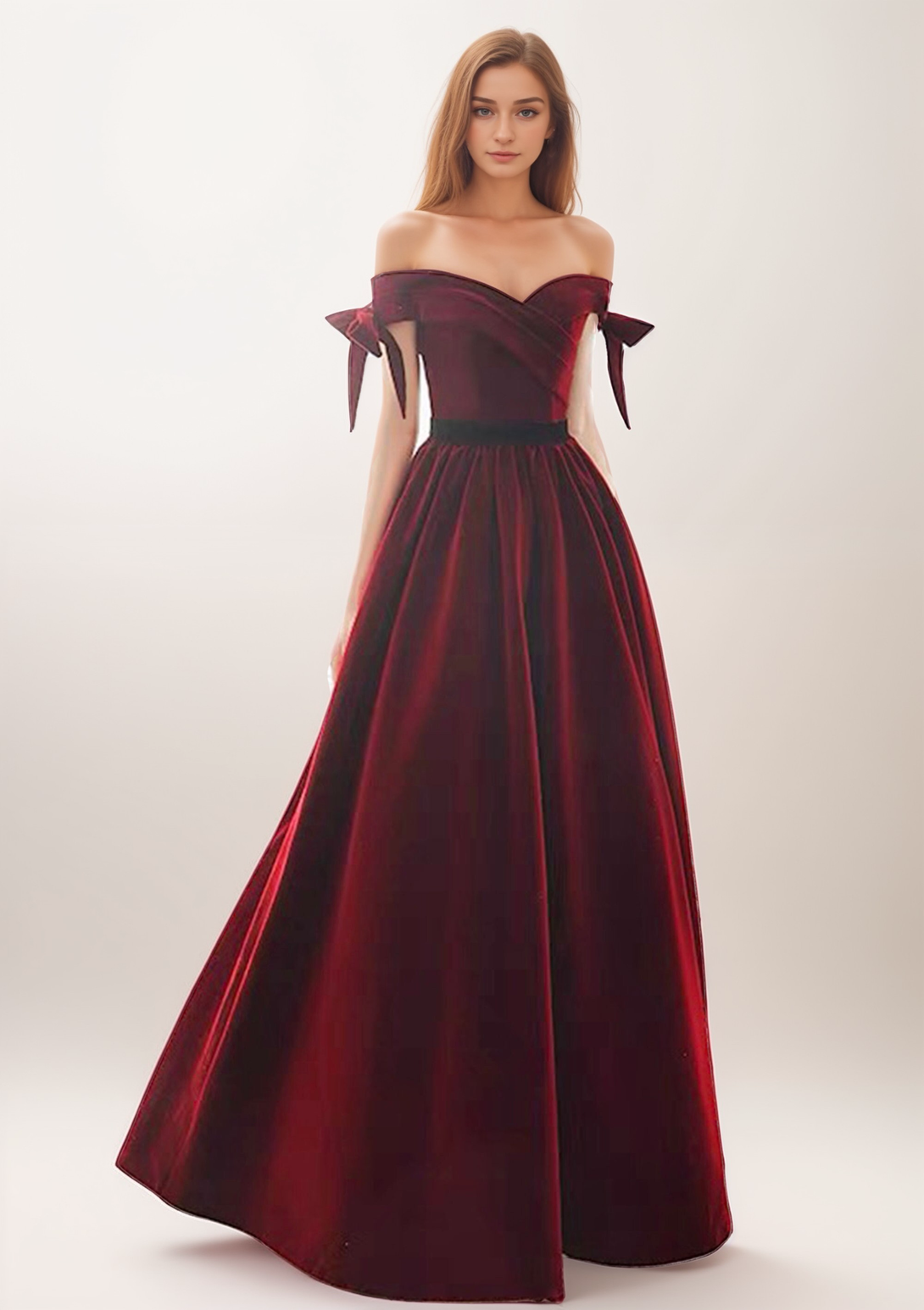 Handmade Off-the-shoulder Ball gown Velvet Dress with bows