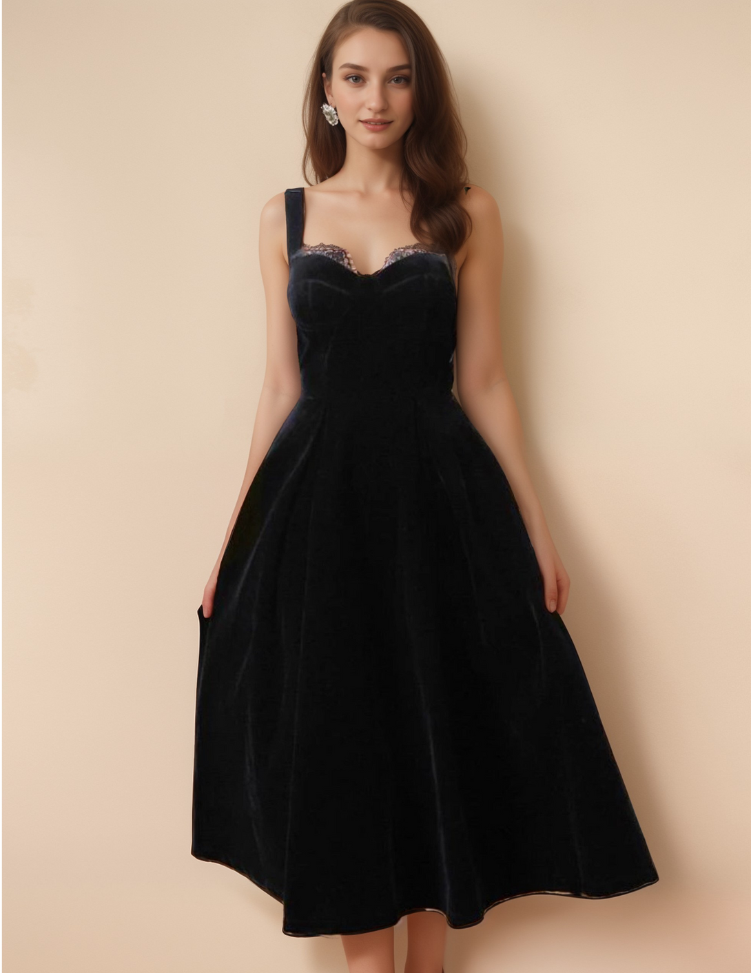 Spaghetti-straps Sweetheart Tea length lace ball gown Velvet Dress