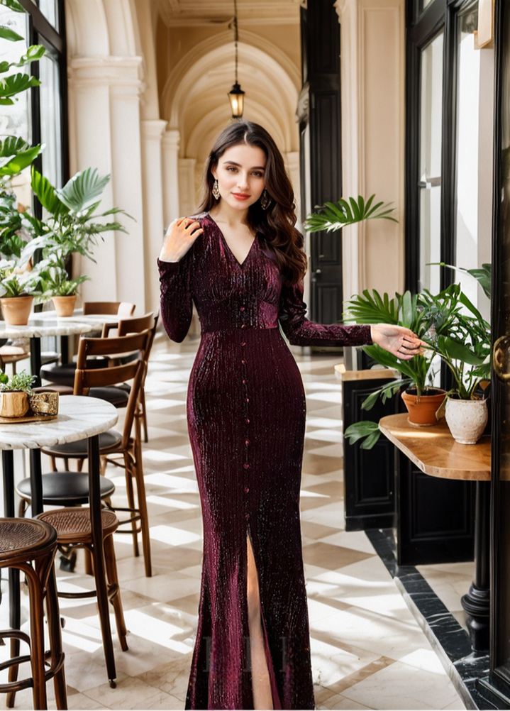 Long Sleeves Buttoned V-Neck Glittering Strip Velvet Evening Dress