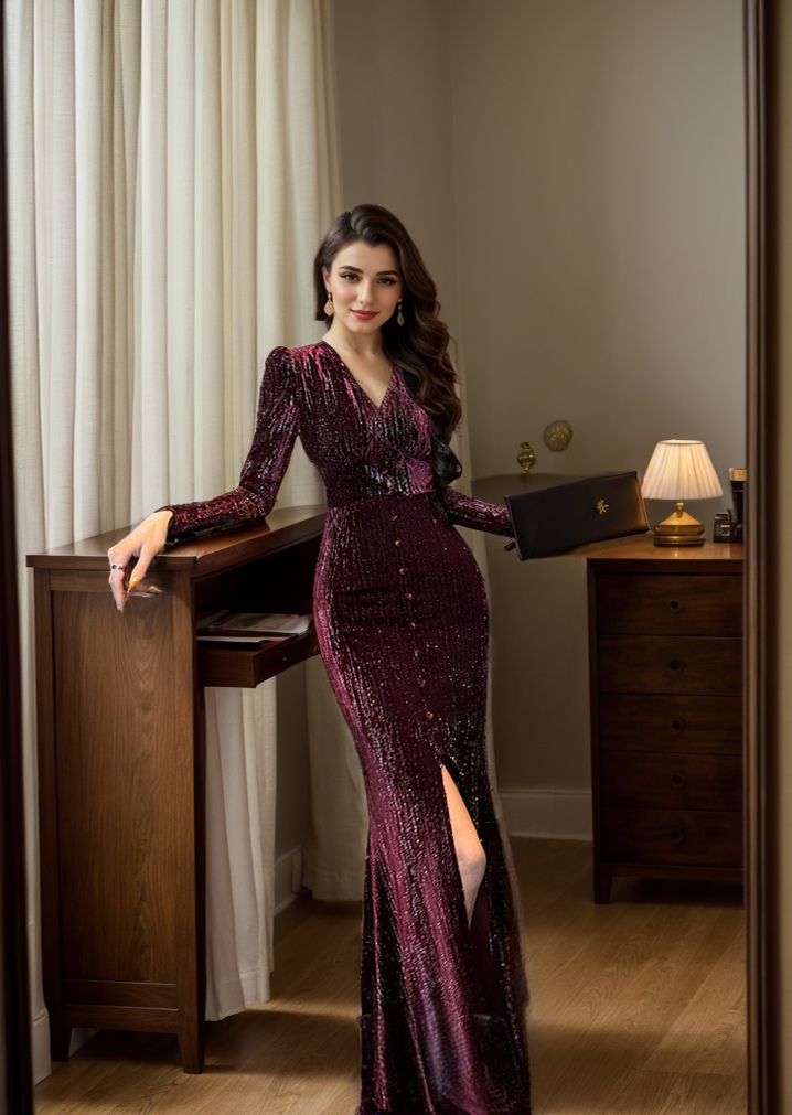 Long Sleeves Buttoned V-Neck Glittering Strip Velvet Evening Dress