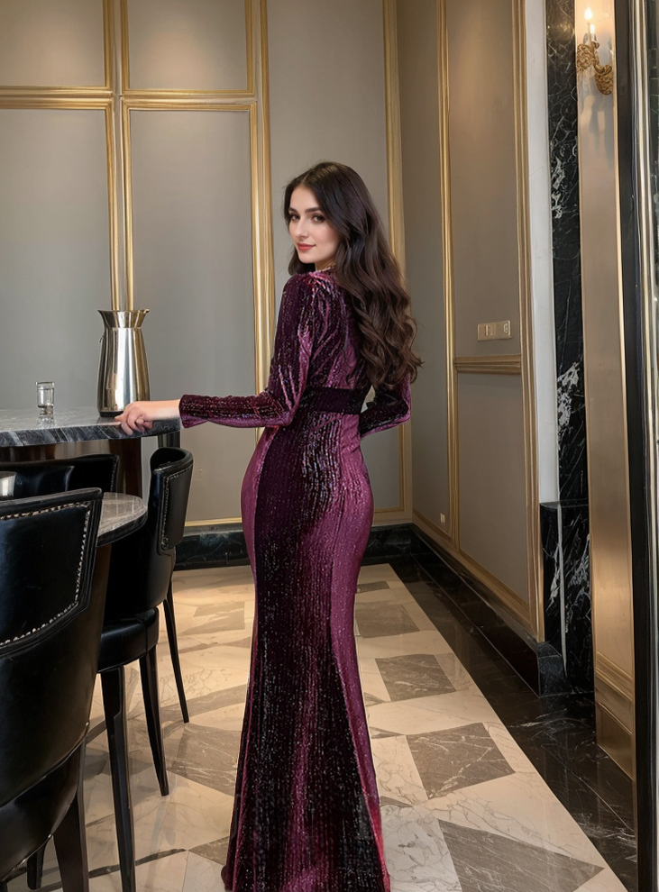 Long Sleeves Buttoned V-Neck Glittering Strip Velvet Evening Dress