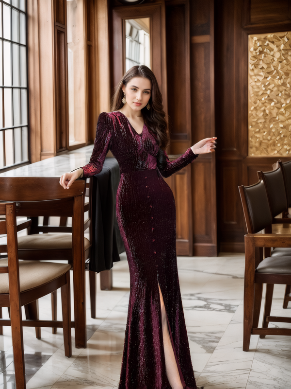 Long Sleeves Buttoned V-Neck Glittering Strip Velvet Evening Dress