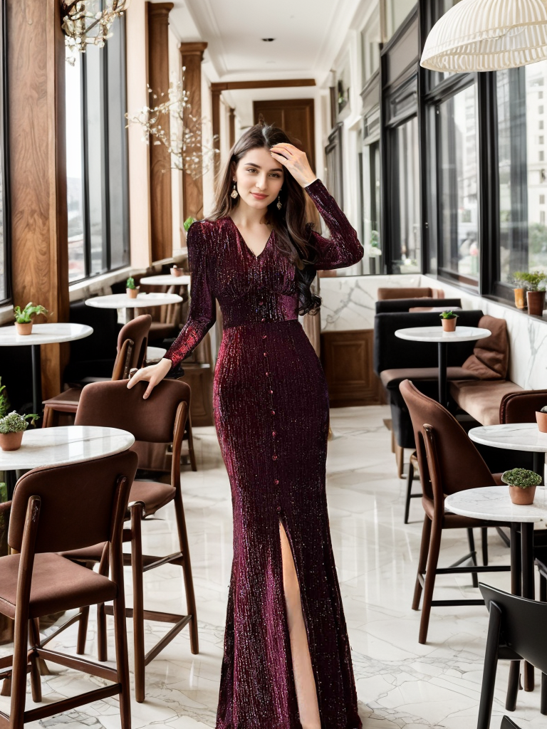 Long Sleeves Buttoned V-Neck Glittering Strip Velvet Evening Dress