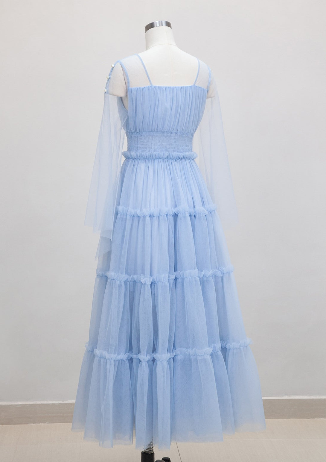 Long open sleeves ruched bodice ruffled skirt tea length tulle prom dress