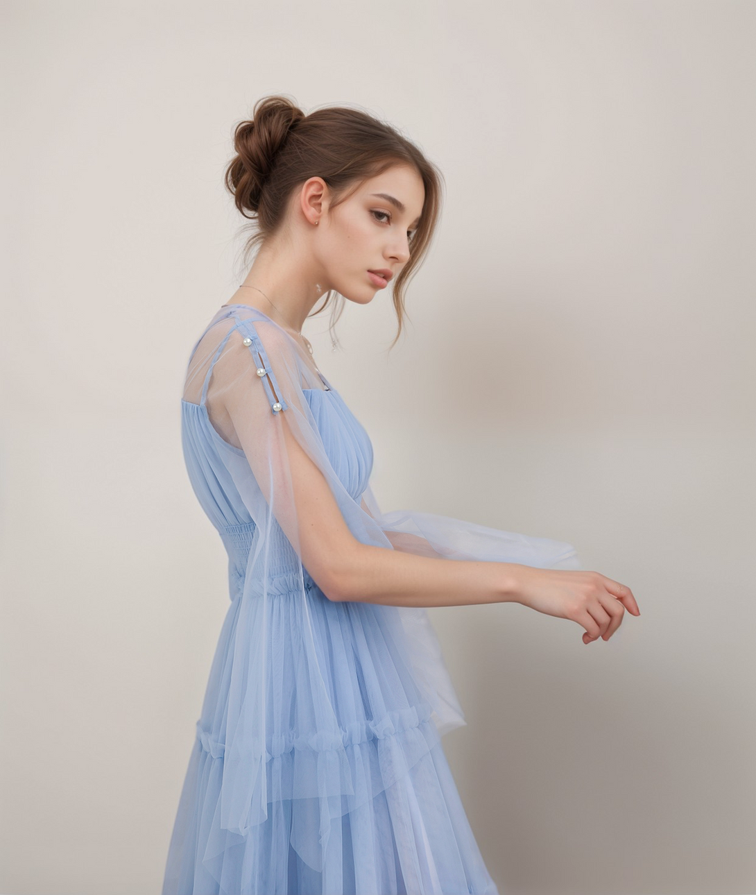 Long open sleeves ruched bodice ruffled skirt tea length tulle prom dress